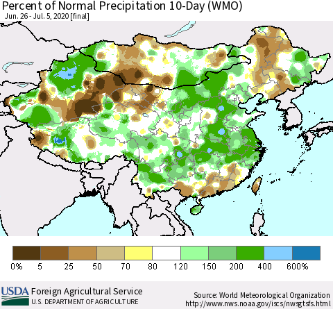 China, Mongolia and Taiwan Percent of Normal Precipitation 10-Day (WMO) Thematic Map For 6/26/2020 - 7/5/2020