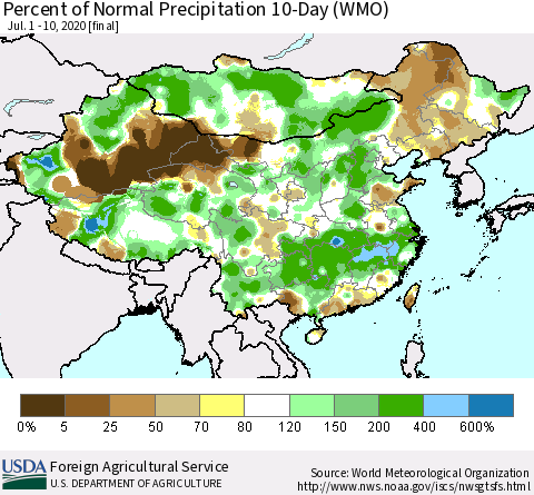 China, Mongolia and Taiwan Percent of Normal Precipitation 10-Day (WMO) Thematic Map For 7/1/2020 - 7/10/2020