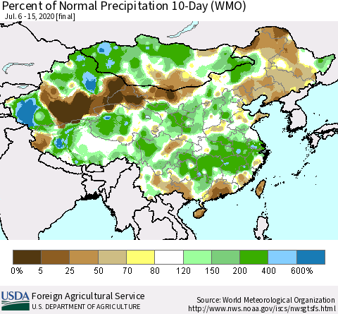 China, Mongolia and Taiwan Percent of Normal Precipitation 10-Day (WMO) Thematic Map For 7/6/2020 - 7/15/2020
