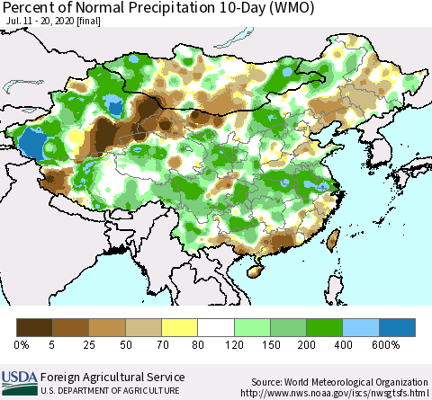China, Mongolia and Taiwan Percent of Normal Precipitation 10-Day (WMO) Thematic Map For 7/11/2020 - 7/20/2020