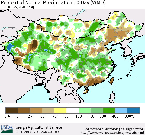 China, Mongolia and Taiwan Percent of Normal Precipitation 10-Day (WMO) Thematic Map For 7/16/2020 - 7/25/2020