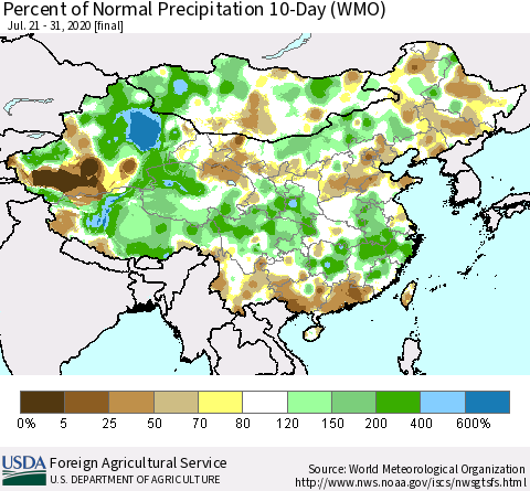 China, Mongolia and Taiwan Percent of Normal Precipitation 10-Day (WMO) Thematic Map For 7/21/2020 - 7/31/2020