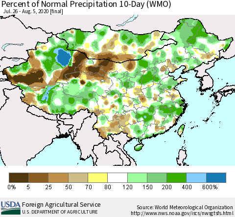 China, Mongolia and Taiwan Percent of Normal Precipitation 10-Day (WMO) Thematic Map For 7/26/2020 - 8/5/2020