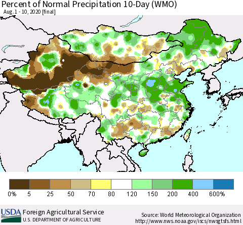 China, Mongolia and Taiwan Percent of Normal Precipitation 10-Day (WMO) Thematic Map For 8/1/2020 - 8/10/2020