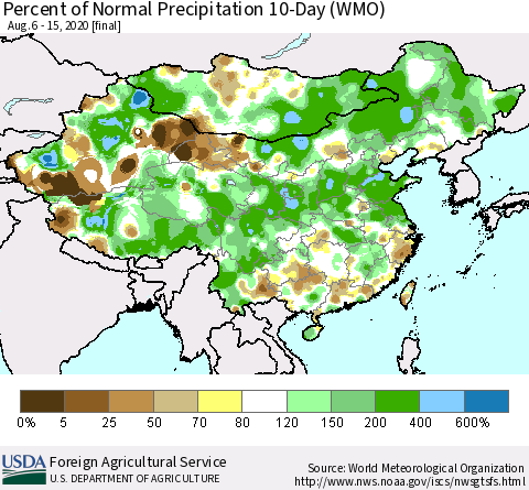 China, Mongolia and Taiwan Percent of Normal Precipitation 10-Day (WMO) Thematic Map For 8/6/2020 - 8/15/2020