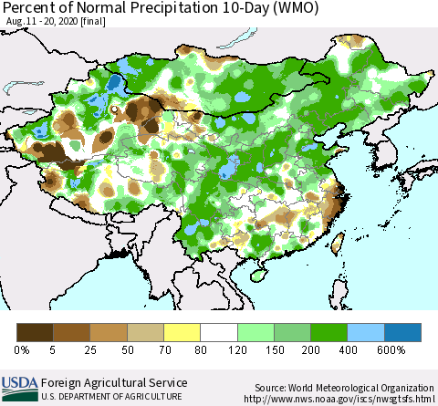 China, Mongolia and Taiwan Percent of Normal Precipitation 10-Day (WMO) Thematic Map For 8/11/2020 - 8/20/2020
