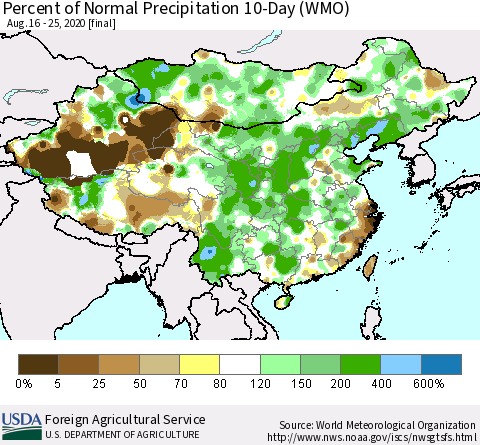 China, Mongolia and Taiwan Percent of Normal Precipitation 10-Day (WMO) Thematic Map For 8/16/2020 - 8/25/2020