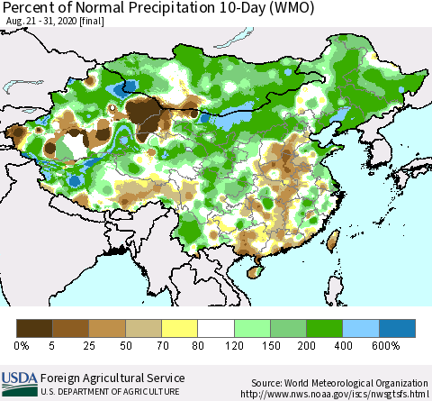China, Mongolia and Taiwan Percent of Normal Precipitation 10-Day (WMO) Thematic Map For 8/21/2020 - 8/31/2020