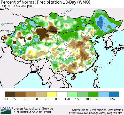 China, Mongolia and Taiwan Percent of Normal Precipitation 10-Day (WMO) Thematic Map For 8/26/2020 - 9/5/2020