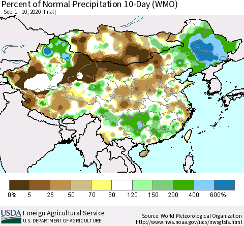 China, Mongolia and Taiwan Percent of Normal Precipitation 10-Day (WMO) Thematic Map For 9/1/2020 - 9/10/2020