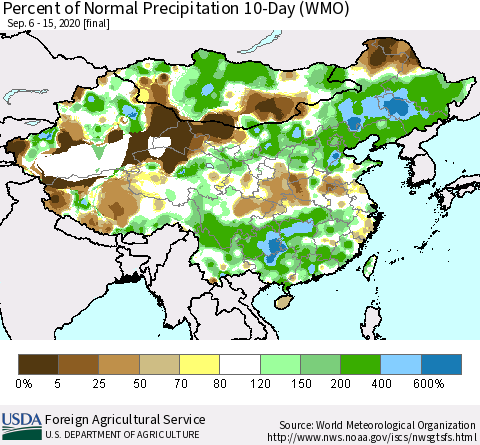 China, Mongolia and Taiwan Percent of Normal Precipitation 10-Day (WMO) Thematic Map For 9/6/2020 - 9/15/2020