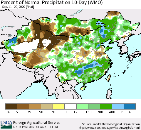 China, Mongolia and Taiwan Percent of Normal Precipitation 10-Day (WMO) Thematic Map For 9/11/2020 - 9/20/2020