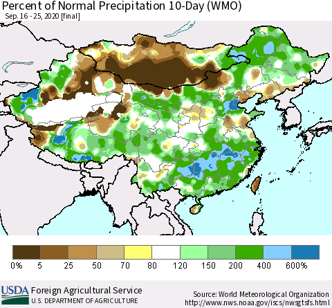 China, Mongolia and Taiwan Percent of Normal Precipitation 10-Day (WMO) Thematic Map For 9/16/2020 - 9/25/2020