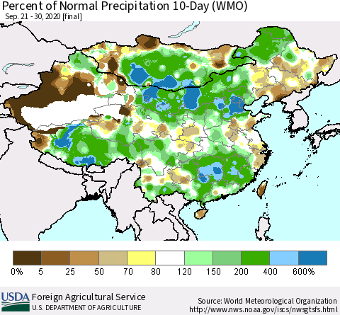 China, Mongolia and Taiwan Percent of Normal Precipitation 10-Day (WMO) Thematic Map For 9/21/2020 - 9/30/2020
