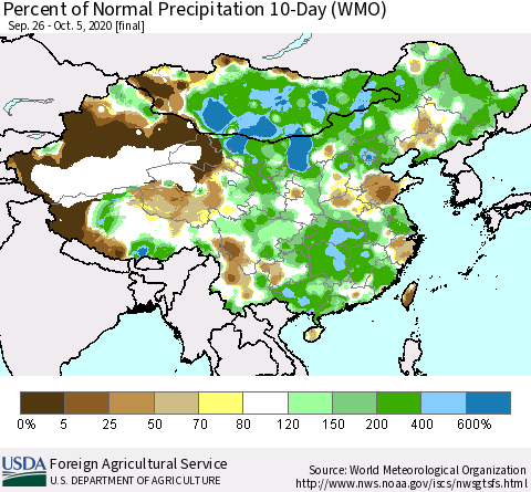China, Mongolia and Taiwan Percent of Normal Precipitation 10-Day (WMO) Thematic Map For 9/26/2020 - 10/5/2020