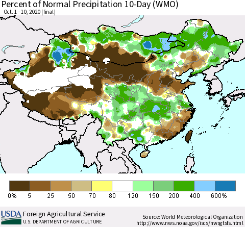 China, Mongolia and Taiwan Percent of Normal Precipitation 10-Day (WMO) Thematic Map For 10/1/2020 - 10/10/2020