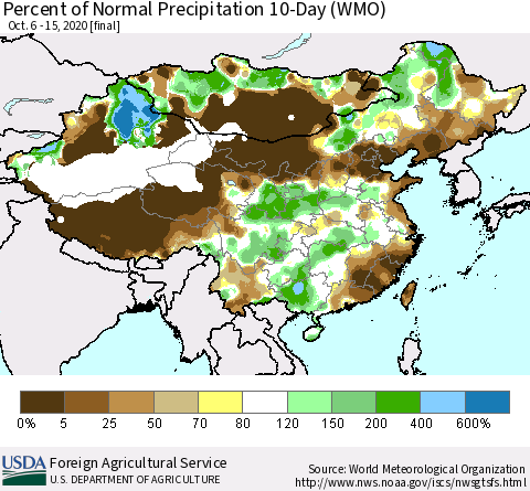 China, Mongolia and Taiwan Percent of Normal Precipitation 10-Day (WMO) Thematic Map For 10/6/2020 - 10/15/2020
