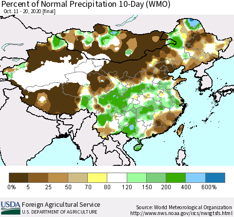 China, Mongolia and Taiwan Percent of Normal Precipitation 10-Day (WMO) Thematic Map For 10/11/2020 - 10/20/2020