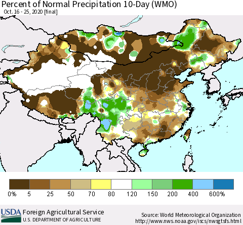 China, Mongolia and Taiwan Percent of Normal Precipitation 10-Day (WMO) Thematic Map For 10/16/2020 - 10/25/2020