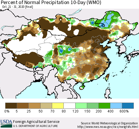 China, Mongolia and Taiwan Percent of Normal Precipitation 10-Day (WMO) Thematic Map For 10/21/2020 - 10/31/2020