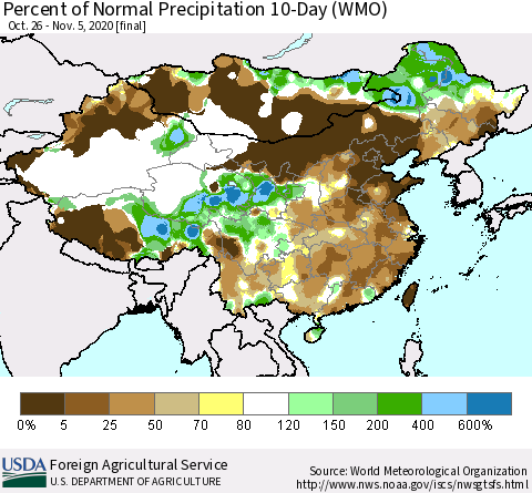 China, Mongolia and Taiwan Percent of Normal Precipitation 10-Day (WMO) Thematic Map For 10/26/2020 - 11/5/2020