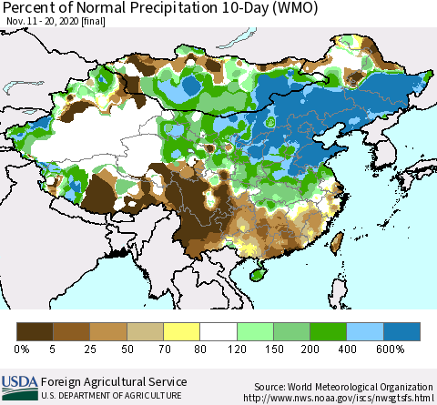 China, Mongolia and Taiwan Percent of Normal Precipitation 10-Day (WMO) Thematic Map For 11/11/2020 - 11/20/2020