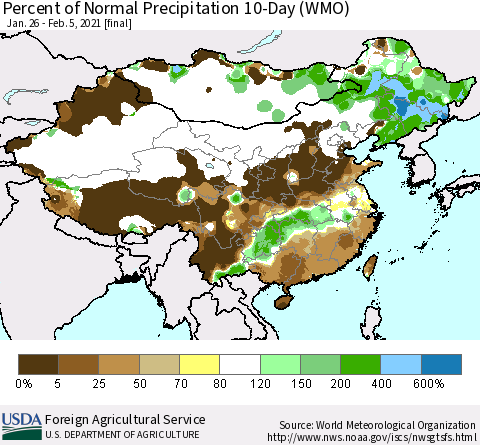 China, Mongolia and Taiwan Percent of Normal Precipitation 10-Day (WMO) Thematic Map For 1/26/2021 - 2/5/2021