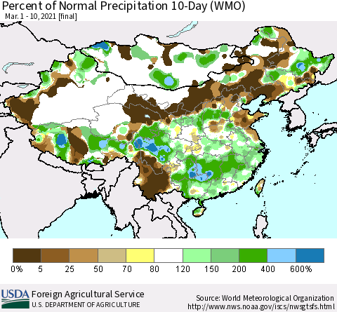 China, Mongolia and Taiwan Percent of Normal Precipitation 10-Day (WMO) Thematic Map For 3/1/2021 - 3/10/2021