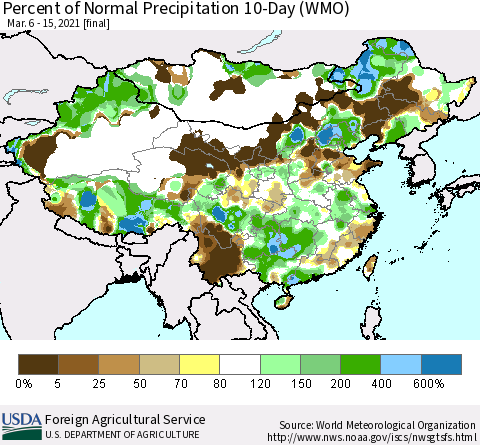 China, Mongolia and Taiwan Percent of Normal Precipitation 10-Day (WMO) Thematic Map For 3/6/2021 - 3/15/2021
