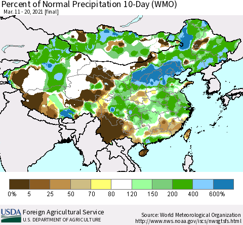China, Mongolia and Taiwan Percent of Normal Precipitation 10-Day (WMO) Thematic Map For 3/11/2021 - 3/20/2021