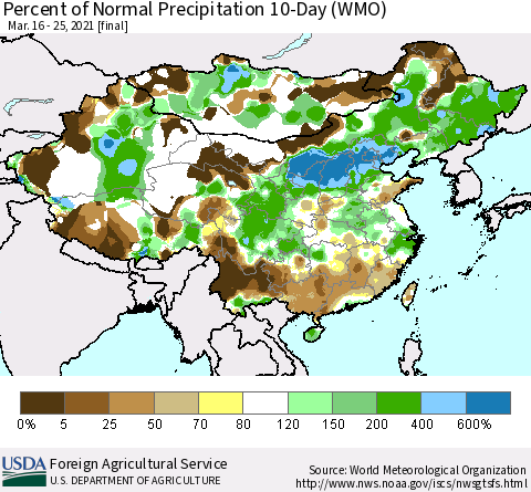 China, Mongolia and Taiwan Percent of Normal Precipitation 10-Day (WMO) Thematic Map For 3/16/2021 - 3/25/2021