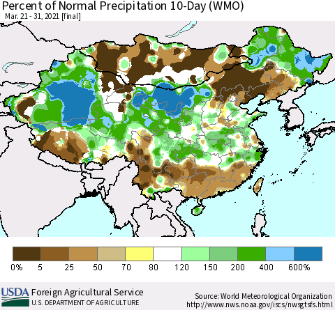 China, Mongolia and Taiwan Percent of Normal Precipitation 10-Day (WMO) Thematic Map For 3/21/2021 - 3/31/2021