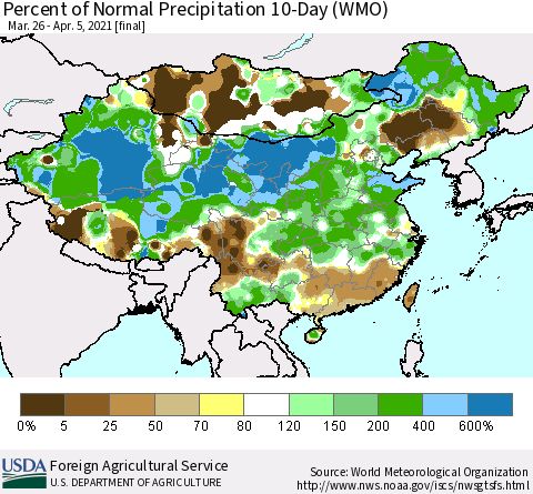 China, Mongolia and Taiwan Percent of Normal Precipitation 10-Day (WMO) Thematic Map For 3/26/2021 - 4/5/2021