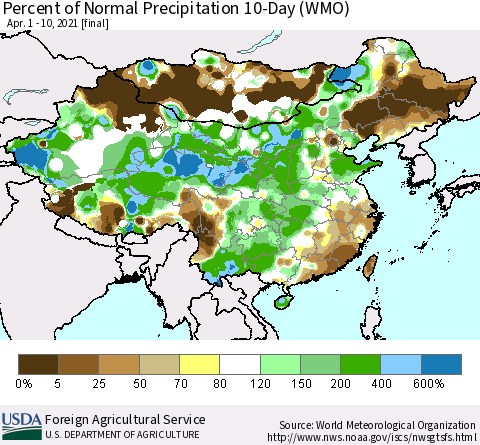 China, Mongolia and Taiwan Percent of Normal Precipitation 10-Day (WMO) Thematic Map For 4/1/2021 - 4/10/2021