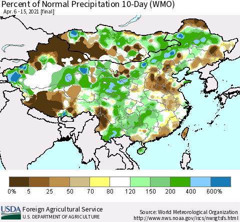 China, Mongolia and Taiwan Percent of Normal Precipitation 10-Day (WMO) Thematic Map For 4/6/2021 - 4/15/2021