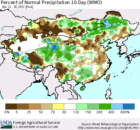 China, Mongolia and Taiwan Percent of Normal Precipitation 10-Day (WMO) Thematic Map For 4/11/2021 - 4/20/2021