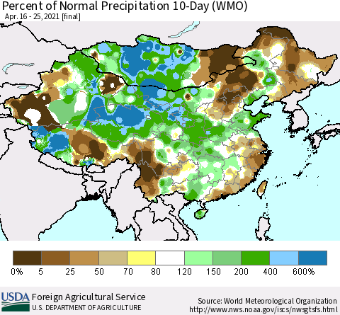 China, Mongolia and Taiwan Percent of Normal Precipitation 10-Day (WMO) Thematic Map For 4/16/2021 - 4/25/2021