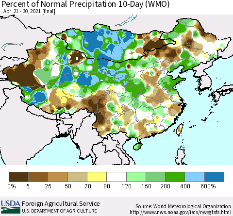 China, Mongolia and Taiwan Percent of Normal Precipitation 10-Day (WMO) Thematic Map For 4/21/2021 - 4/30/2021