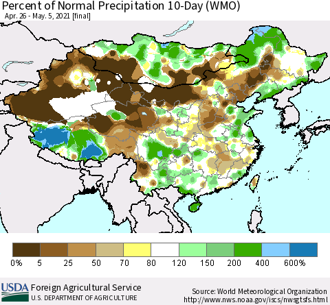 China, Mongolia and Taiwan Percent of Normal Precipitation 10-Day (WMO) Thematic Map For 4/26/2021 - 5/5/2021