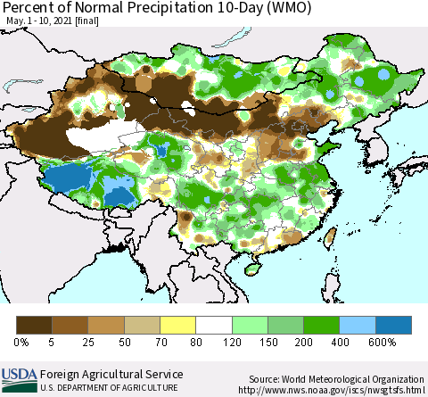 China, Mongolia and Taiwan Percent of Normal Precipitation 10-Day (WMO) Thematic Map For 5/1/2021 - 5/10/2021