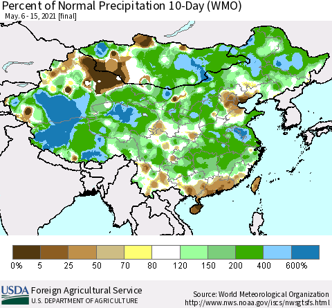 China, Mongolia and Taiwan Percent of Normal Precipitation 10-Day (WMO) Thematic Map For 5/6/2021 - 5/15/2021