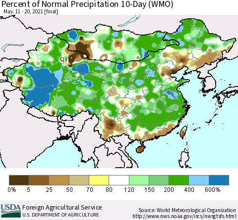 China, Mongolia and Taiwan Percent of Normal Precipitation 10-Day (WMO) Thematic Map For 5/11/2021 - 5/20/2021