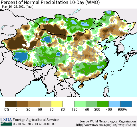 China, Mongolia and Taiwan Percent of Normal Precipitation 10-Day (WMO) Thematic Map For 5/16/2021 - 5/25/2021