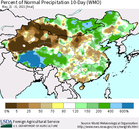 China, Mongolia and Taiwan Percent of Normal Precipitation 10-Day (WMO) Thematic Map For 5/21/2021 - 5/31/2021