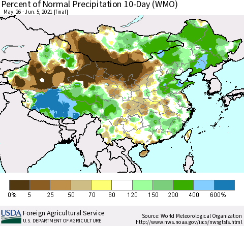 China, Mongolia and Taiwan Percent of Normal Precipitation 10-Day (WMO) Thematic Map For 5/26/2021 - 6/5/2021