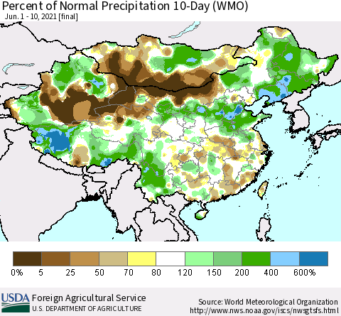 China, Mongolia and Taiwan Percent of Normal Precipitation 10-Day (WMO) Thematic Map For 6/1/2021 - 6/10/2021