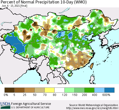 China, Mongolia and Taiwan Percent of Normal Precipitation 10-Day (WMO) Thematic Map For 6/6/2021 - 6/15/2021