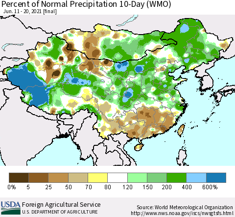 China, Mongolia and Taiwan Percent of Normal Precipitation 10-Day (WMO) Thematic Map For 6/11/2021 - 6/20/2021