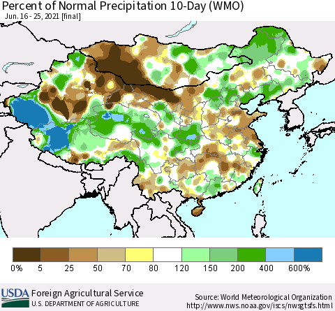 China, Mongolia and Taiwan Percent of Normal Precipitation 10-Day (WMO) Thematic Map For 6/16/2021 - 6/25/2021