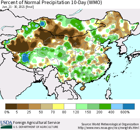 China, Mongolia and Taiwan Percent of Normal Precipitation 10-Day (WMO) Thematic Map For 6/21/2021 - 6/30/2021